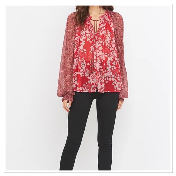 Free People Hendrix Blouse Red Floral Boho Tassel Front Size XS - Picture 2 of 11